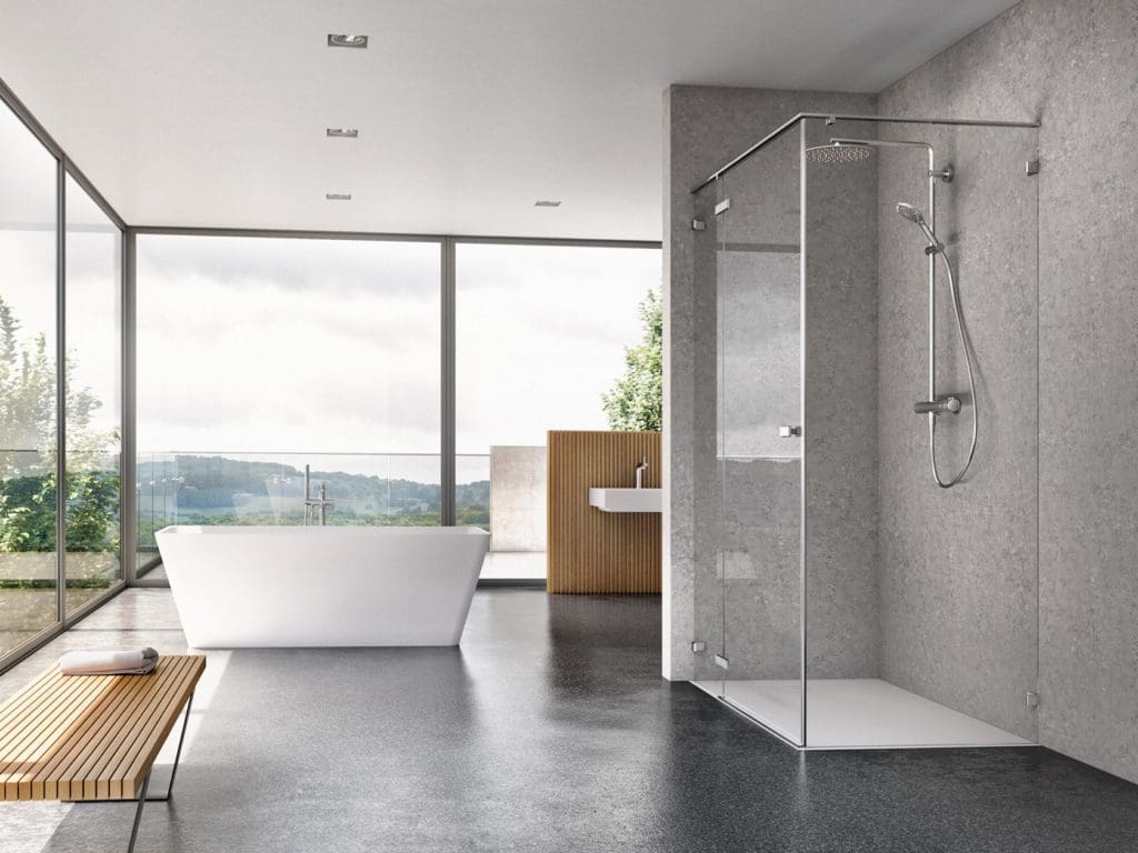 Salle de bain, baignoire ilot moderne et douche walk-in design et lumineux