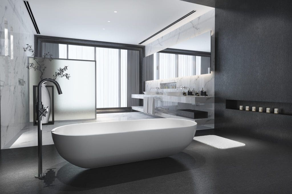 Salle de bain design, avec douche à l'italienne, baignoire ilot et double vasque